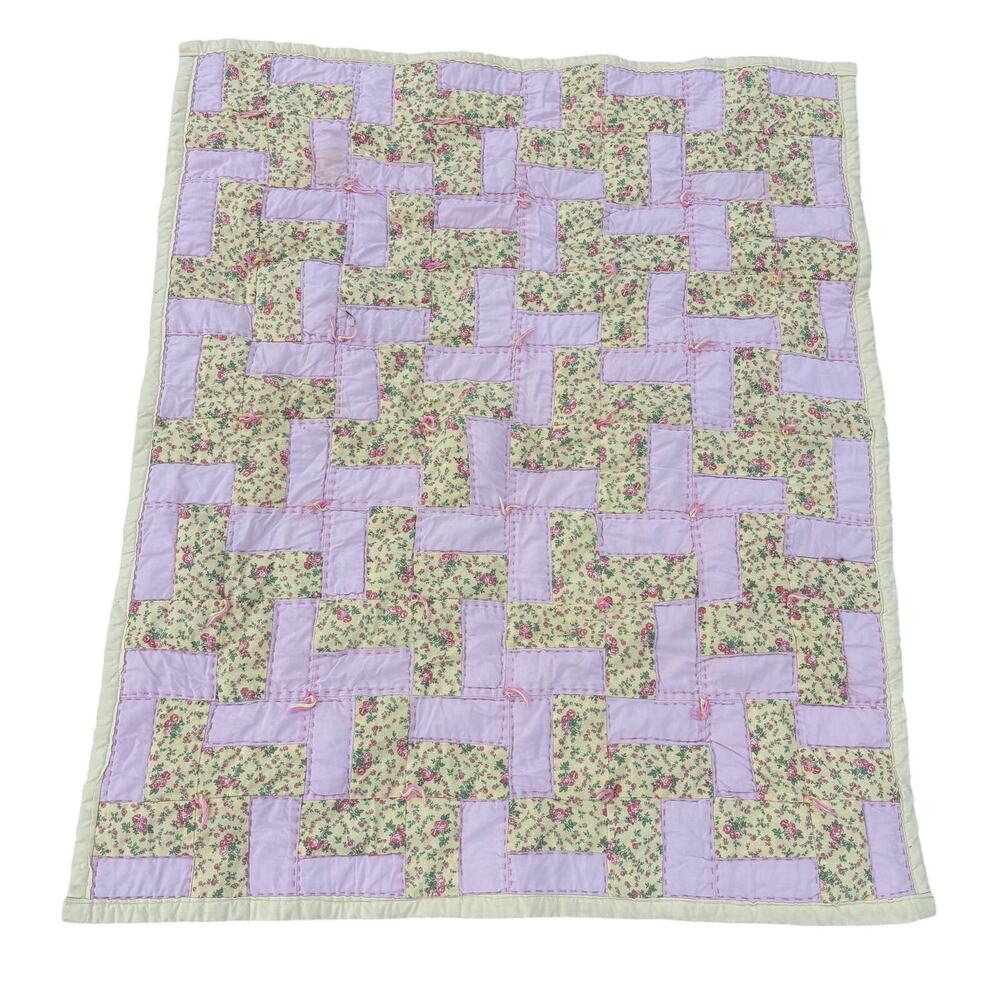 Vtg Windmill Baby Quilt Blanket 29x35” Hand Made Cotton? Pink Roses Pale Yellow